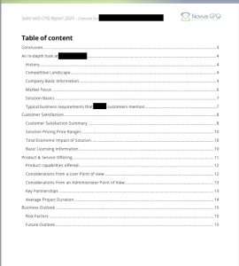 CPQ Sales Report table of contents showing vendor analysis sections